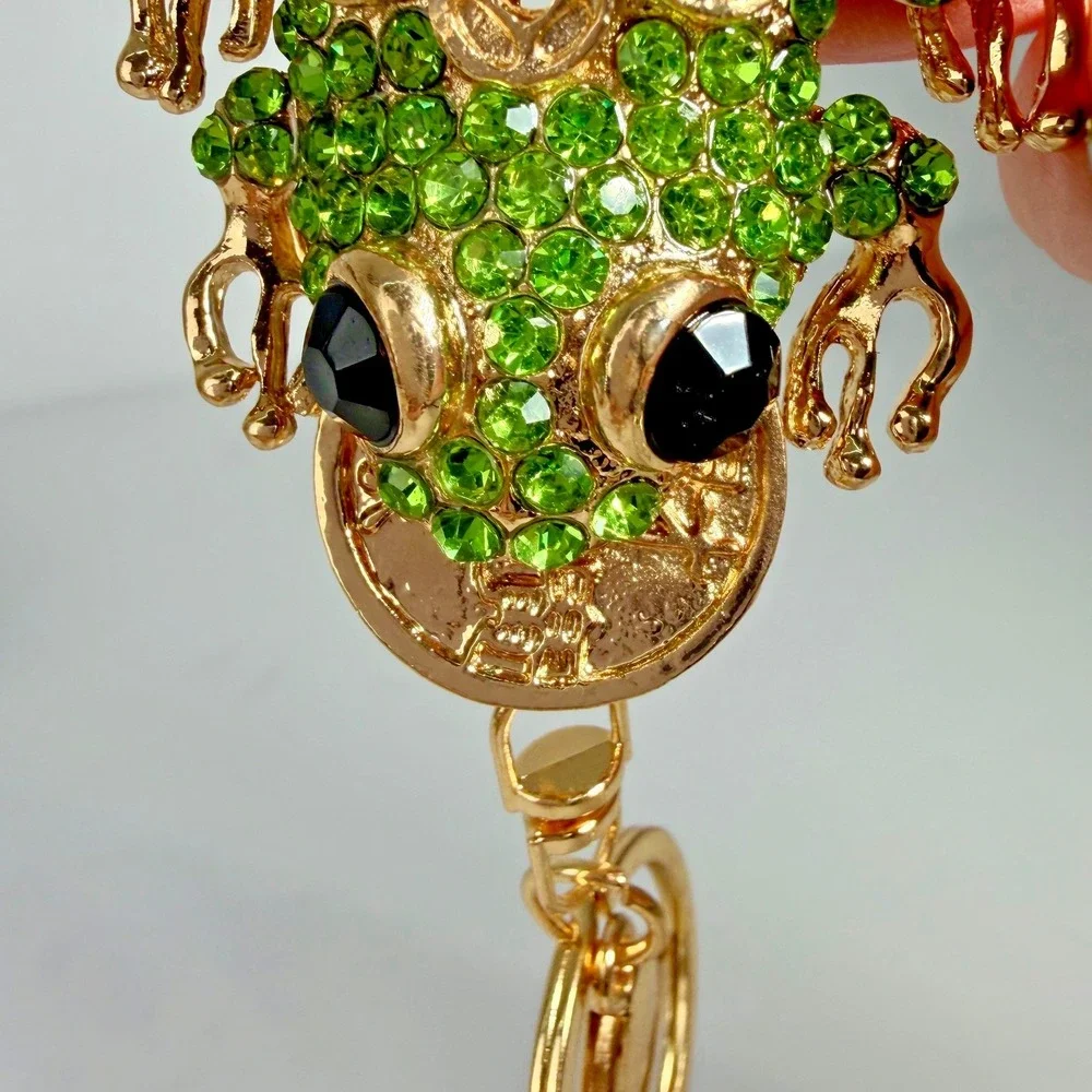 Money‎ Frog Keychain Bling Green Rhinestone Gold Feng Shui Charm Toad Fairycore
